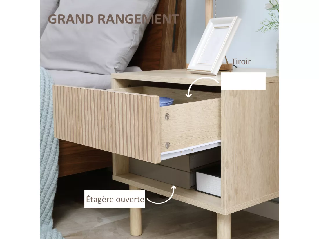 Table de chevet table de nuit design Urban Craft - tiroir coulissant, niche - piètement cylindrique - panneaux particules aspect bois clair