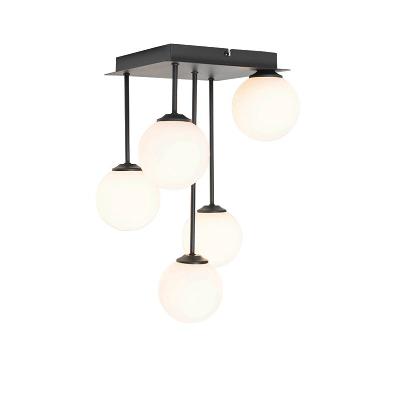 Moderne plafondlamp zwart met opaal glas 5-lichts  - Athens