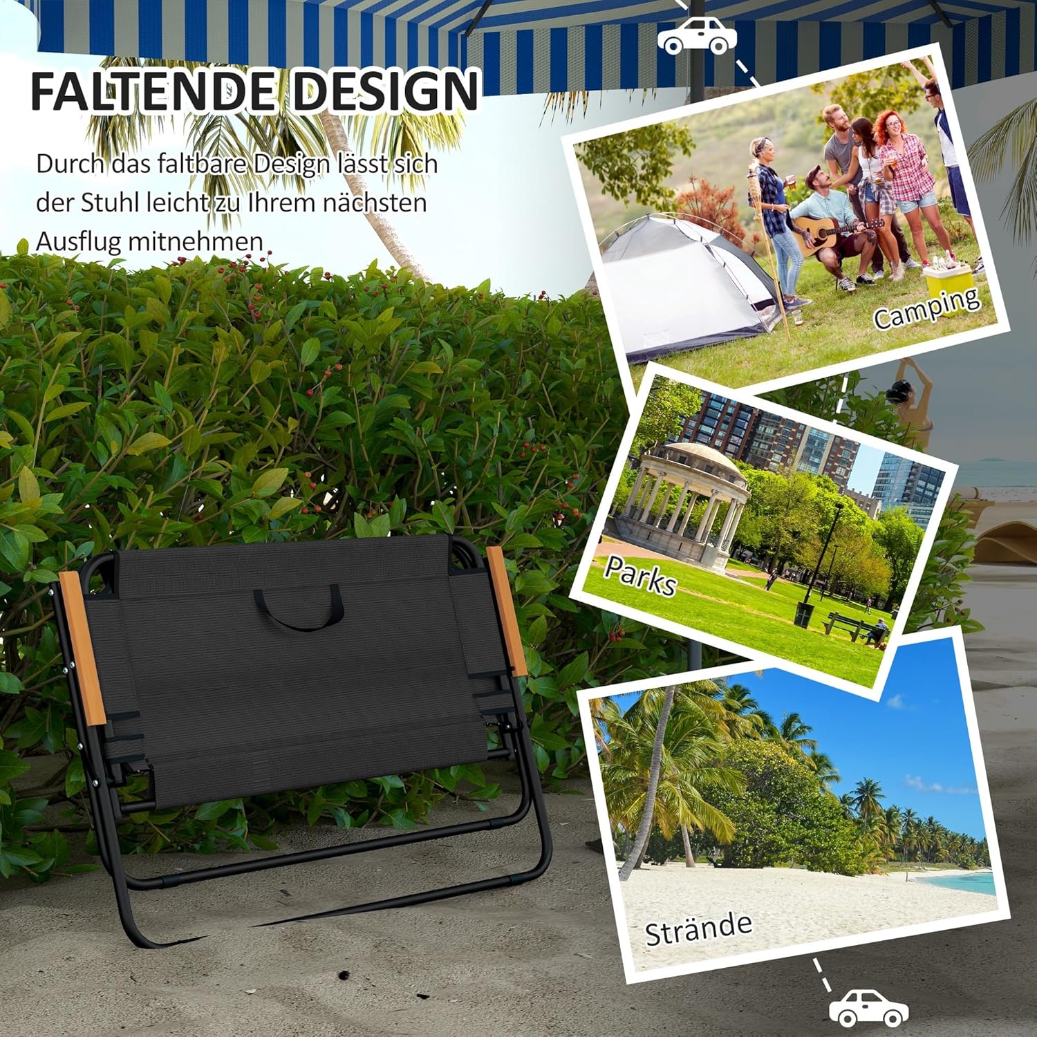 Outsunny 2-Sitzer Gartenbank, Sitzbank, Klappbare Campingbank, Klappbank bis 220 kg belastbar, für Camping, Terrasse, Mesh, Schwarz, 108 x 65 x 73 cm