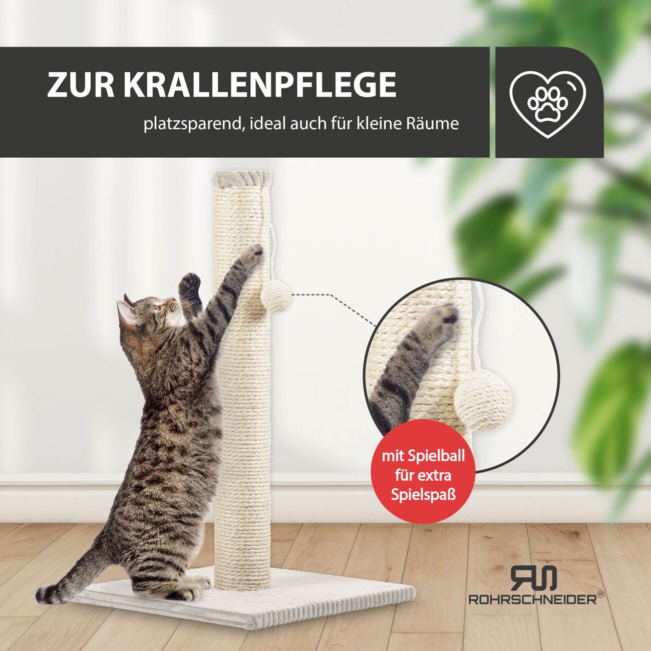 Rohrschneider ® Kratzbaum L, mit Katzenspielzeug, Bodenplatte mit Cordbezug beige 36 cm, 64 cm, 36 cm