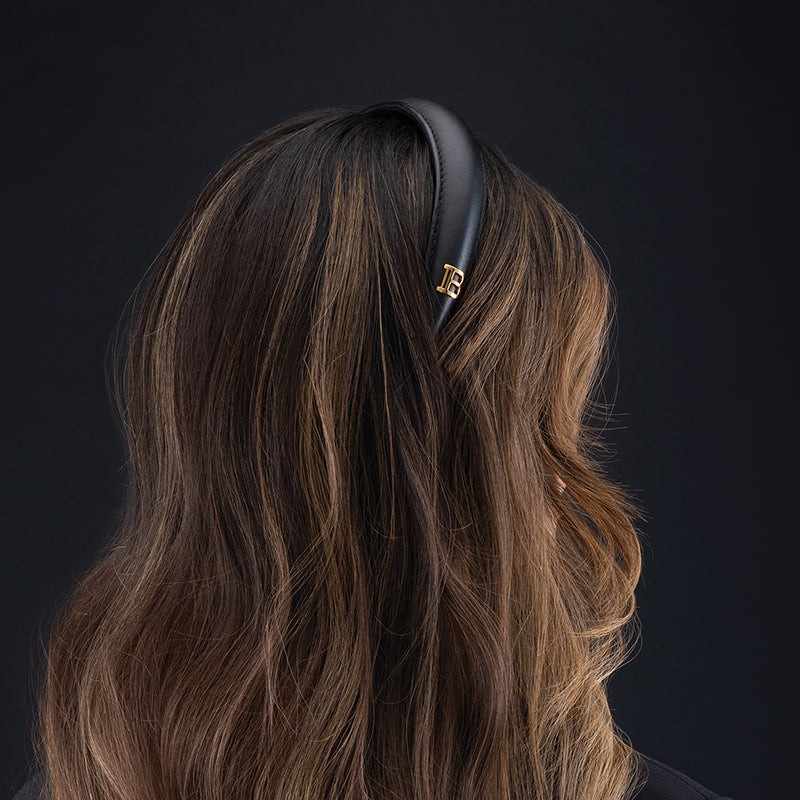 Balmain Paris - Black Leather Puffed Headband with Gold Plated Logo - Hårbøjle