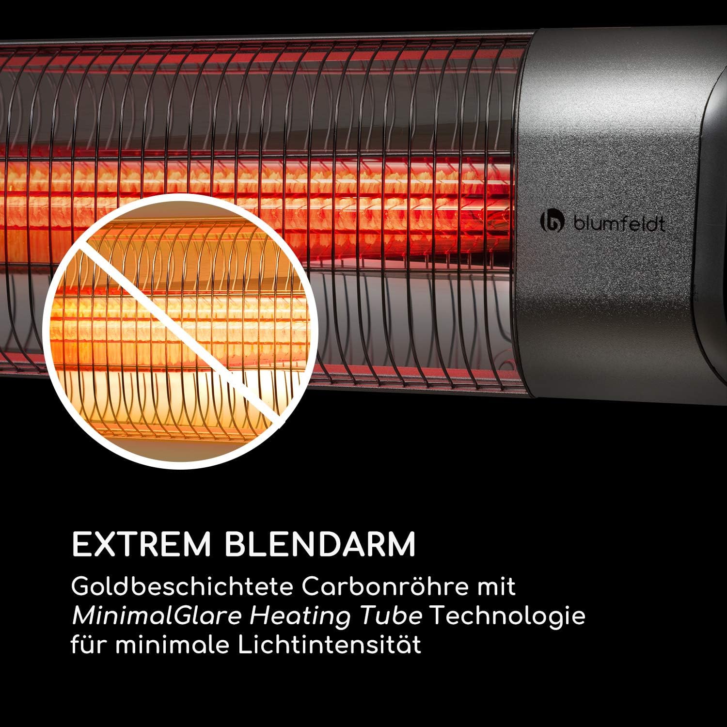 Blumfeldt Dark Wave Infrarotstrahler, Heizstrahler Terrasse, MinimalGlare Heating Tube: Goldbeschichtete Carbonröhre, 9 Heizstufen, Timer, IP65, LED-Display, Deckenheizstrahler mit 2000 W, silber