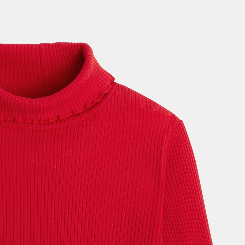 T-shirt col roulé côtelé uni rouge fille