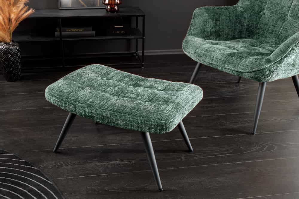 Moderner Hocker SCANDINAVIA grün Chenille Cremona Metallbeine Fußhocker