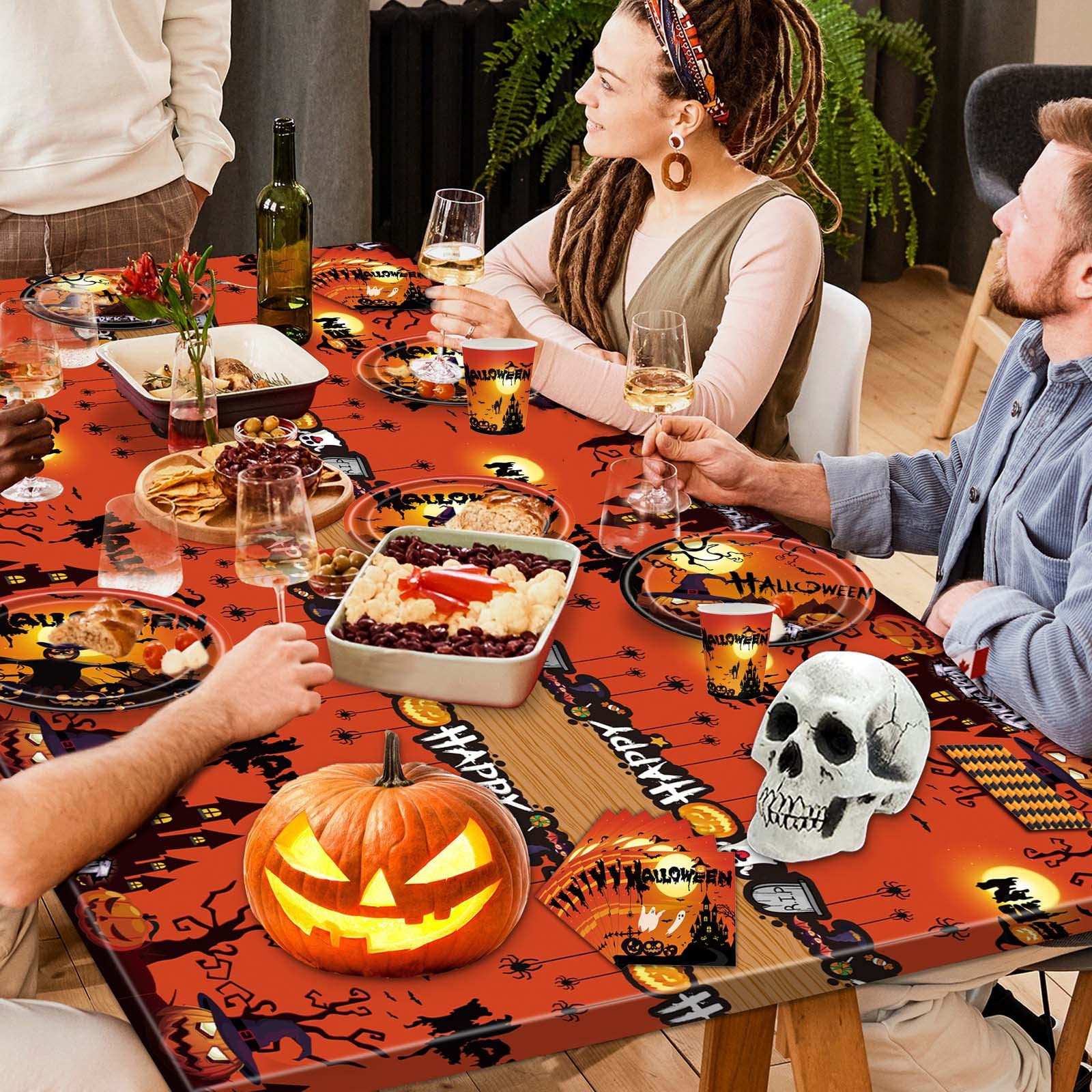 (122-tlg. Set) Einweg Geschirr Halloween Party Tisch Deko   Girlande inkl. Tischtuch / Servietten / Papp Becher - Geisterschloss