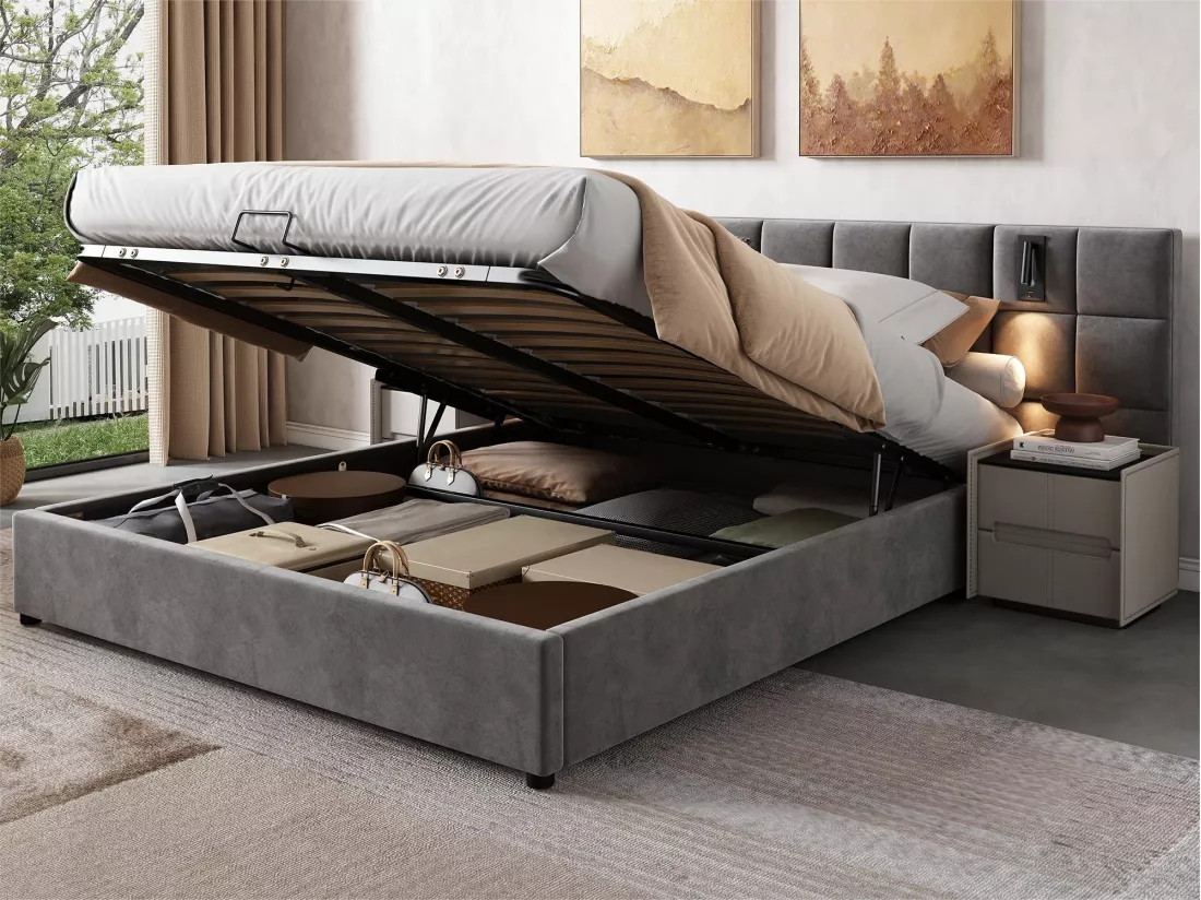 Lit coffre avec tête de lit réglable - 140 x 200 cm - velours - avec lampe orientable et USB - gris