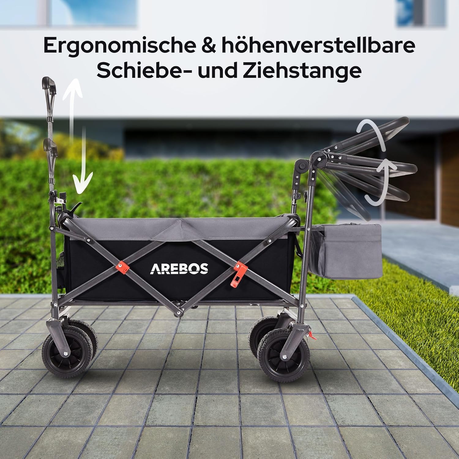 Arebos Bollerwagen faltbar mit Dach | Luxus Handwagen | Faltwagen | Transportwagen | XXL Tasche | klappbar | bis 100 kg | Gerätewagen | 360° Vorderräder | Schwarz