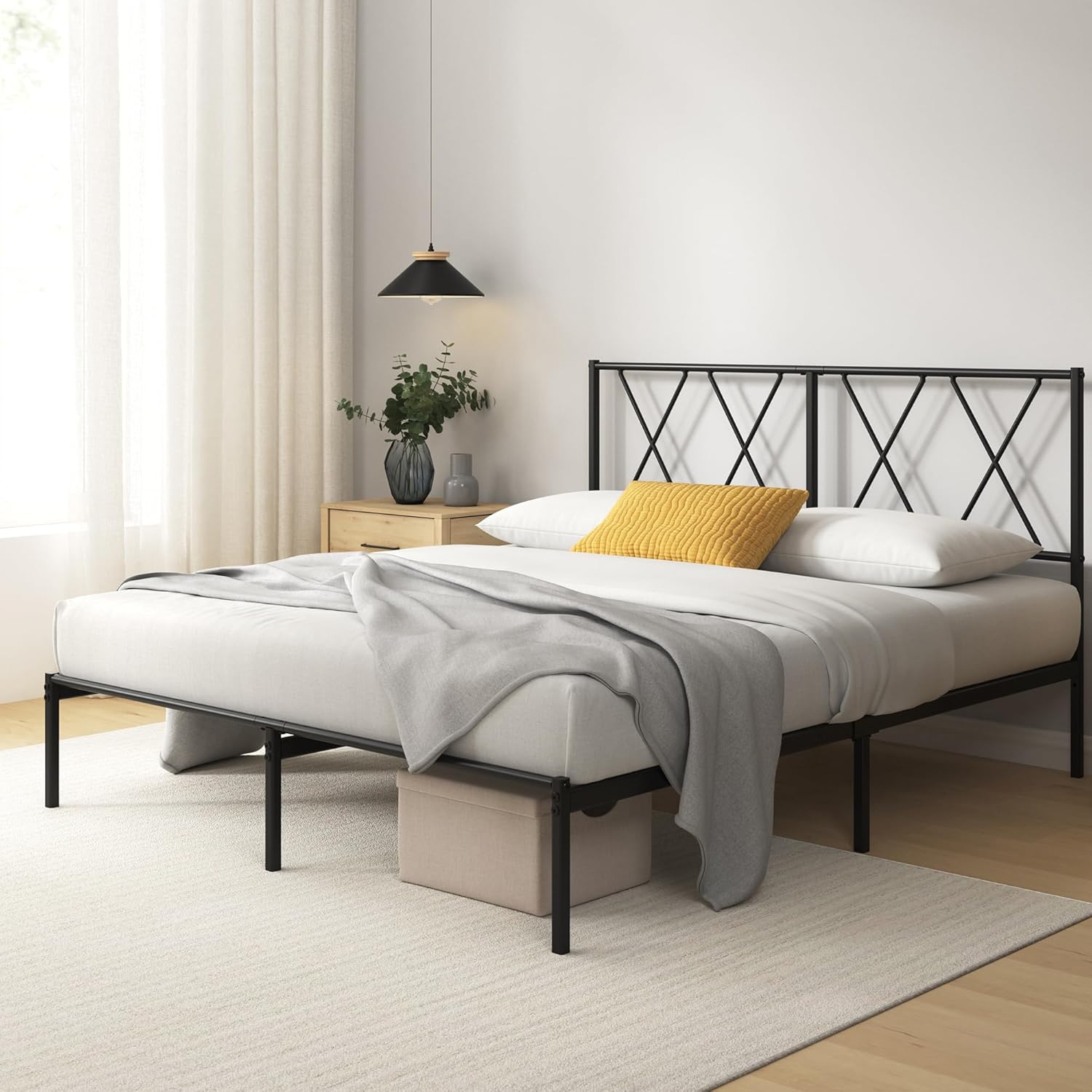 Zinus Elias Bettgestell 140x200 cm mit Moderne Kopfteil - Metallbett 140x200 mit Metall-Lattenrost - 30 cm Hohe Plattform mit Freiraum Darunter - Kein Boxspringbett Erforderlich - Schwarz DX0707730
