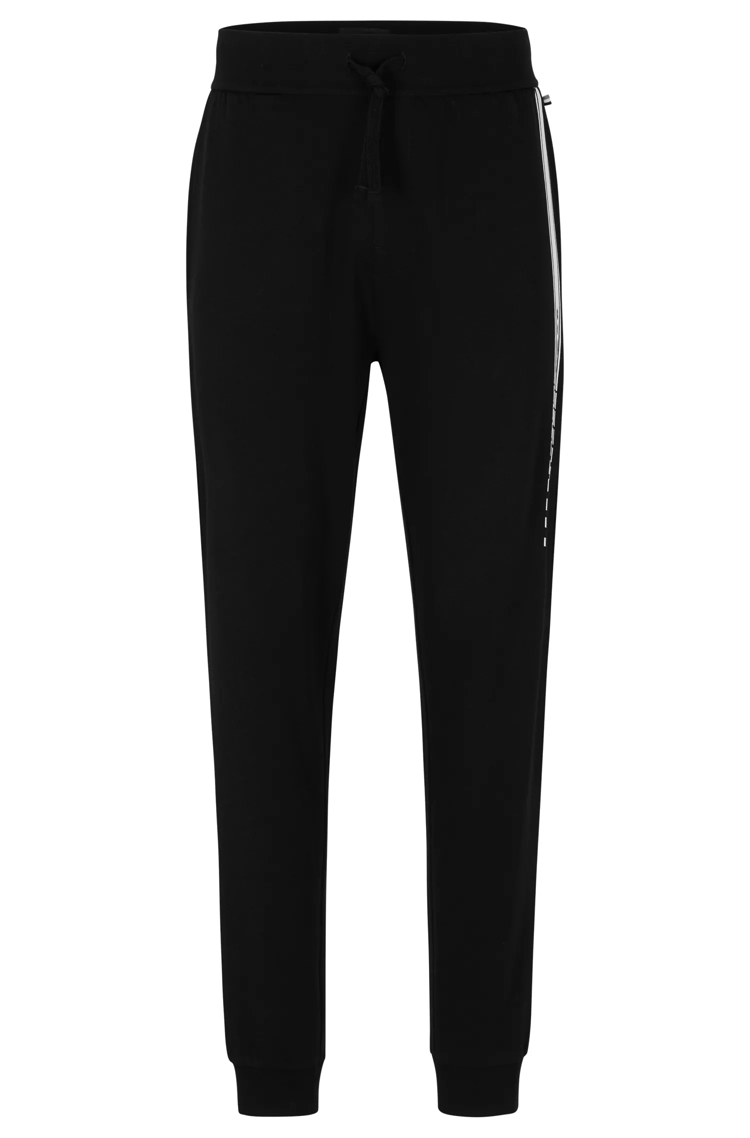 Calça de fato de treino BOSS preta em algodão orgânico com riscas e logótipo.