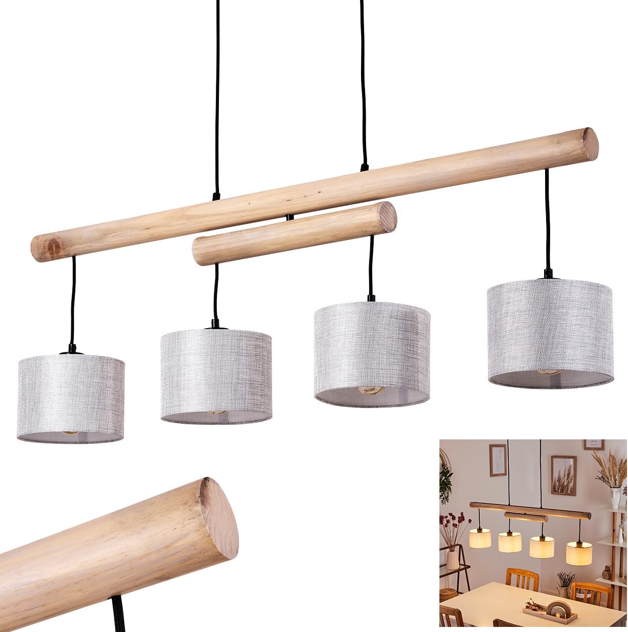 Hängeleuchte Bigandie, 4-flammige Pendellampe aus Metall und Holz in Schwarz/Natur, Lampe mit Stoffschirmen in Grau mit verstellbaren Holzbalken, 4 x E27, ohne Leuchtmittel