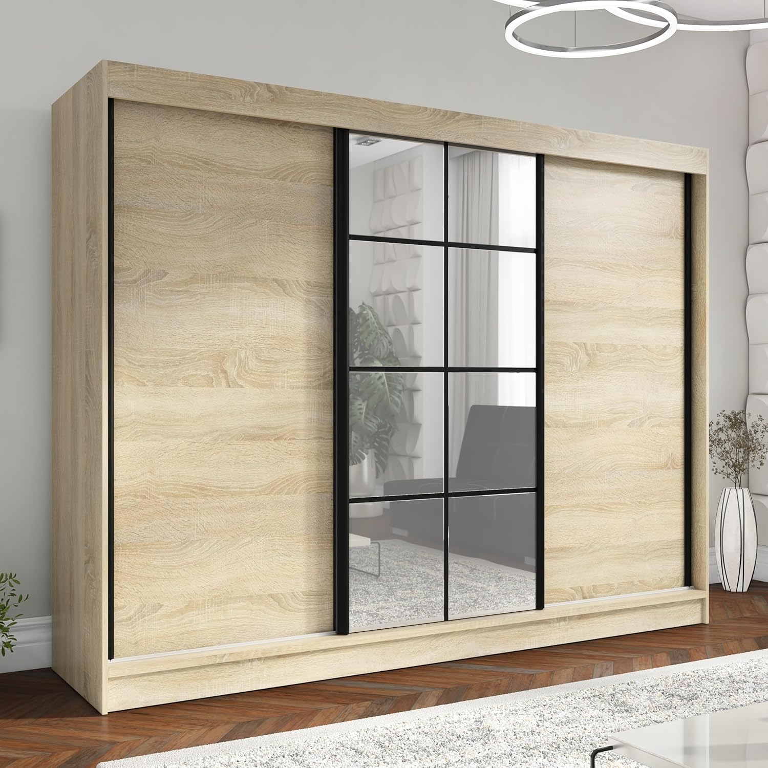 A&J MöbelLand Schwebetürenschrank ORAVELLE Kleiderschrank 3-türig mit Schubladen und Spiegel Garderobenschrank 200 cm (Sonoma)