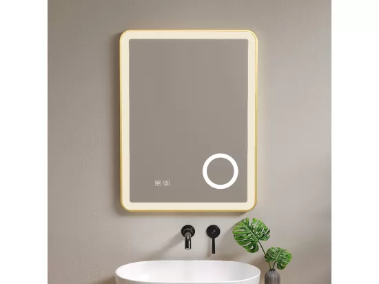 Miroir salle de bain LED 50x70cm anti buée avec cadre en aluminium doré et loupe x3 LB-4685G