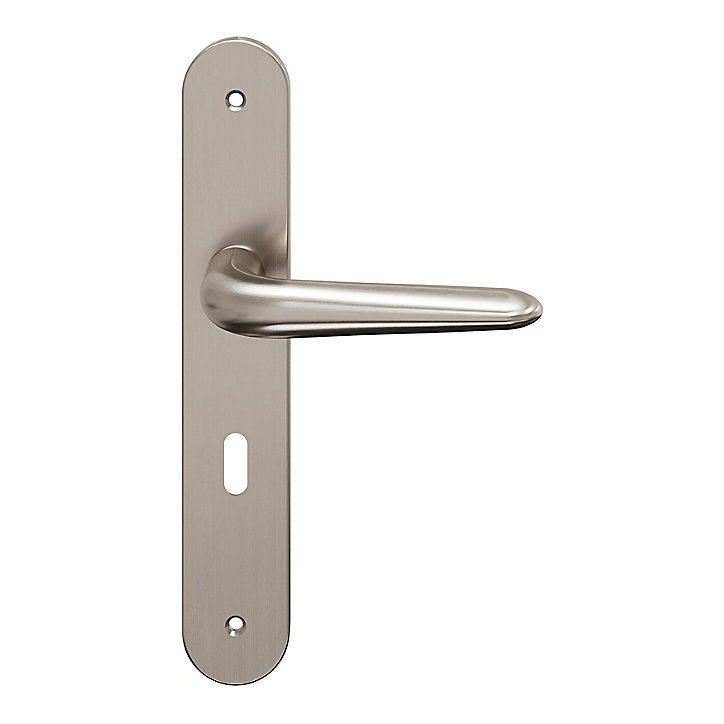 Ensemble poignée sur plaque Droit serrure GoodHome Mehaban effet nickel satin gris L.120mm x l.40mm entraxe 195mm