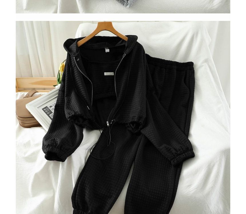 Carotaine - Set: Effen cropped jack met capuchon en rits + elastische taille baggy joggingbroek
