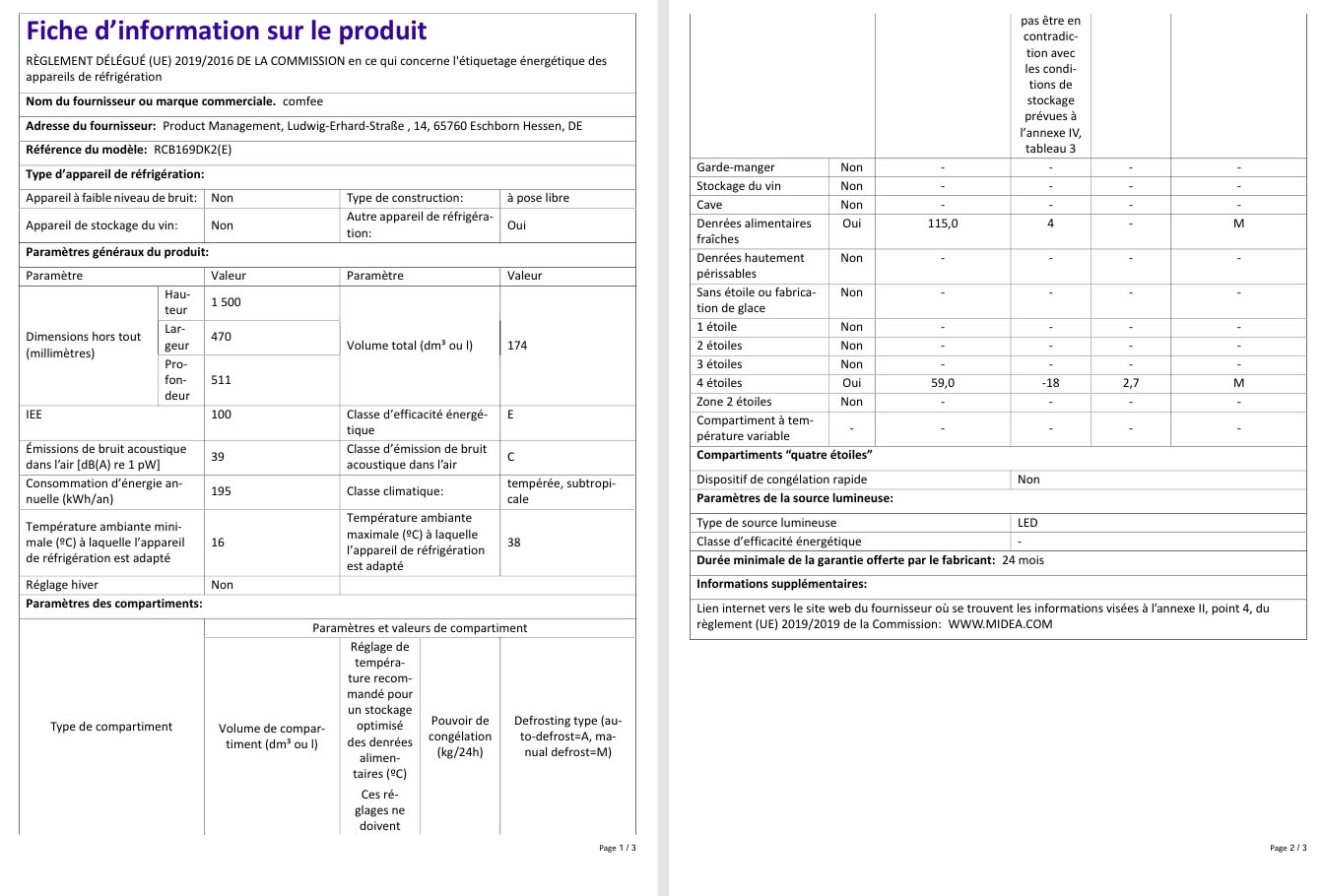 Comfee' RCB169DK2(E) 174L Réfrigérateur avec Congélateur/Hauteur 150 cm/Low Frost/Température Réglable du Réfrigérateur/Lumière LED/195 kWh/an/115L Ré