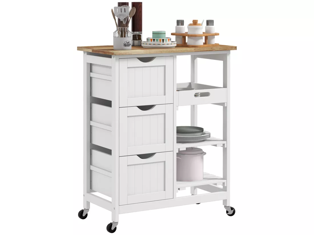 Desserte de cuisine multi-rangement - 3 tiroirs, 2 étagères, plateau amovible - MDF blanc bois hévéa