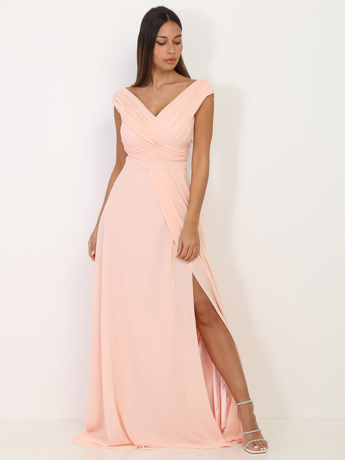 Robe longue drapée avec fente- Rose