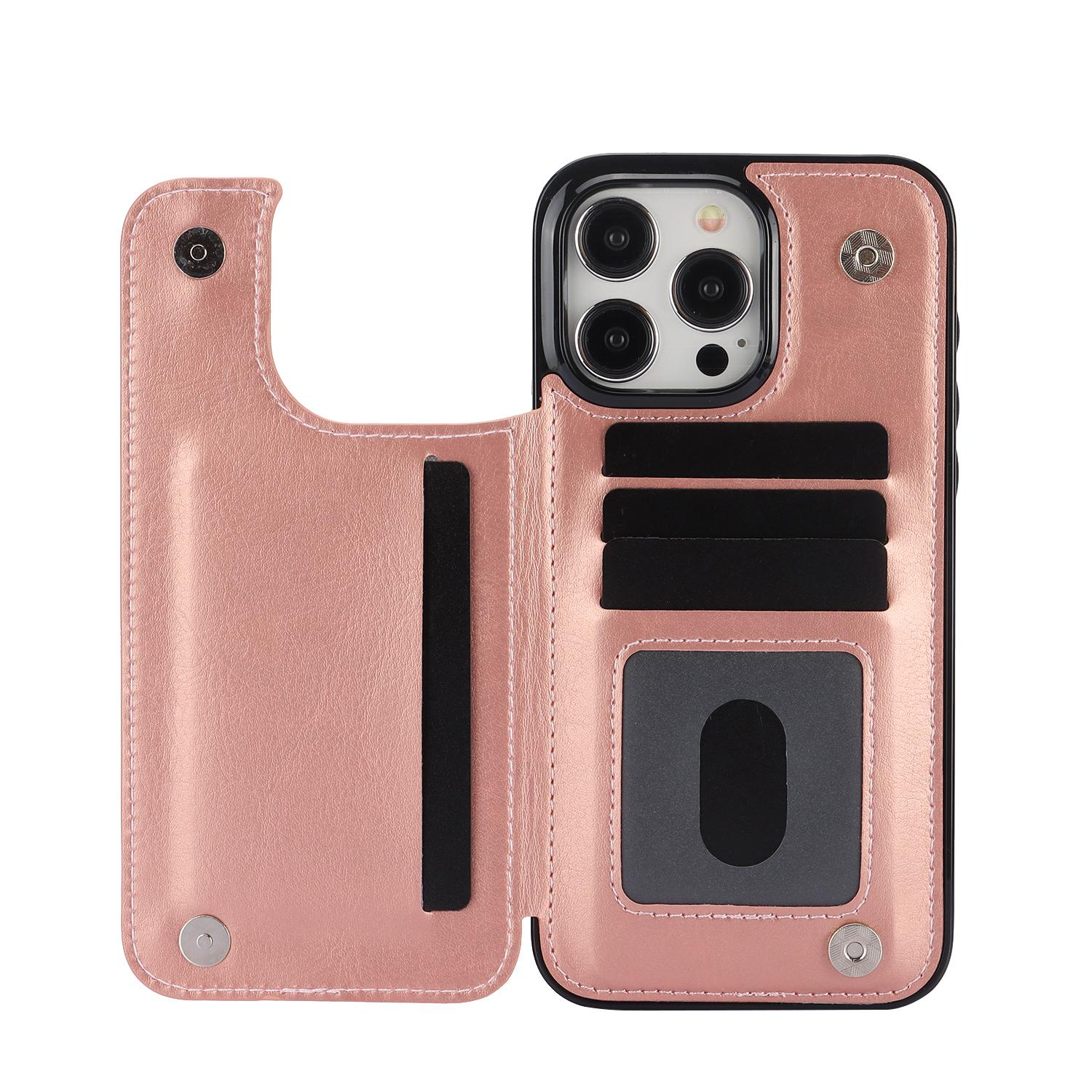 iPhone 15 Pro Hybrid Leder Hülle mit Kartenfach   Kickstand Aufsteller - Roségold
