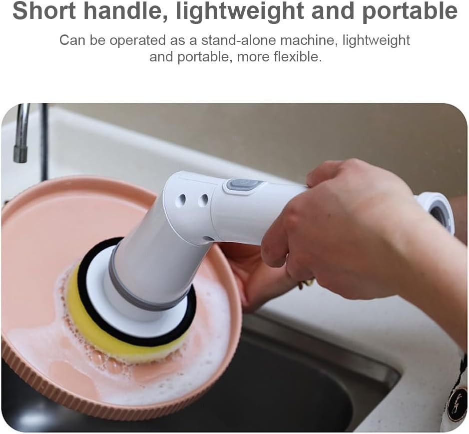(7-tlg. Set) USB Reinigungs Bürste Elektrischer Spin Scrubber Power Schrubber mit Teleskopstiel   6 Aufsätze - Weiss