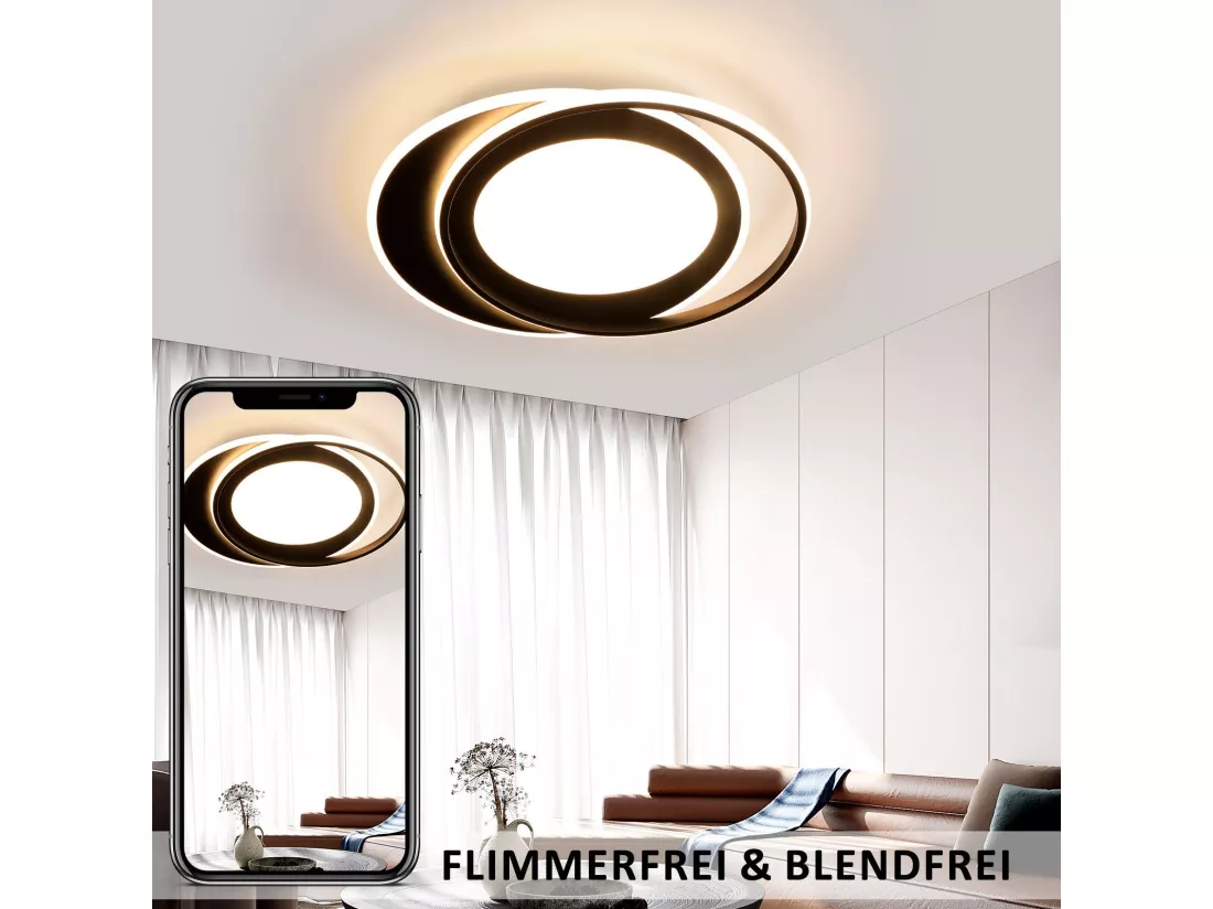 NETTLIFE Plafonnier LED Rond 66W Moderne 48,5 cm Chambre Noir Dimmable avec Télécommande Salon pour Cuisine Couloir Bureau