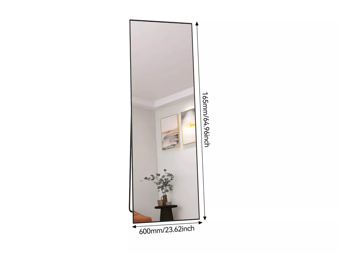 Miroir pleine longueur 165 x 60 cm, sur pied, suspendu ou appuyé, grand miroir de sol avec cadre en alliage d'aluminium noir pour salon ou chambre à coucher, rectangulaire