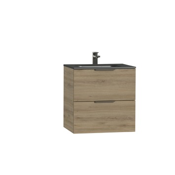 Tiger Studio badkamermeubel 60 cm chalet eiken met wastafel polybeton mat zwart greep rvs plat