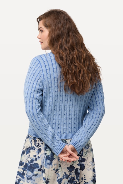 Strickjacke, Zopfmuster, Two-Tone-Feinstrick, V-Ausschnitt