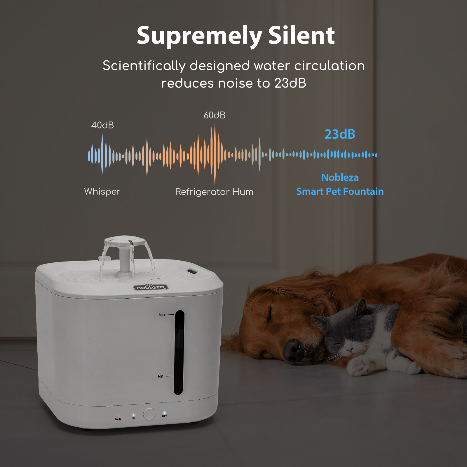 Fonte de água inteligente Nobleza - Bomba de água automática sem fio de 2 litros para cães e gatos, com temporizador e controle remoto por aplicativo, fonte de água para gatos com tripla filtragem, branca.