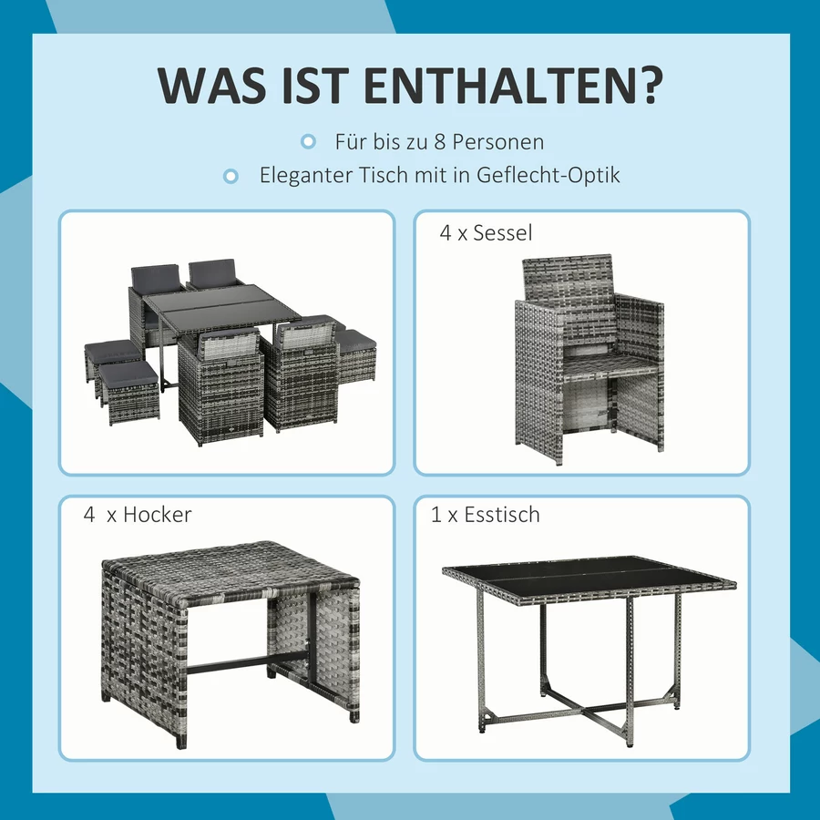 Outsunny Gartenset bestehend aus 9 Teilen und 12 Kissen grau