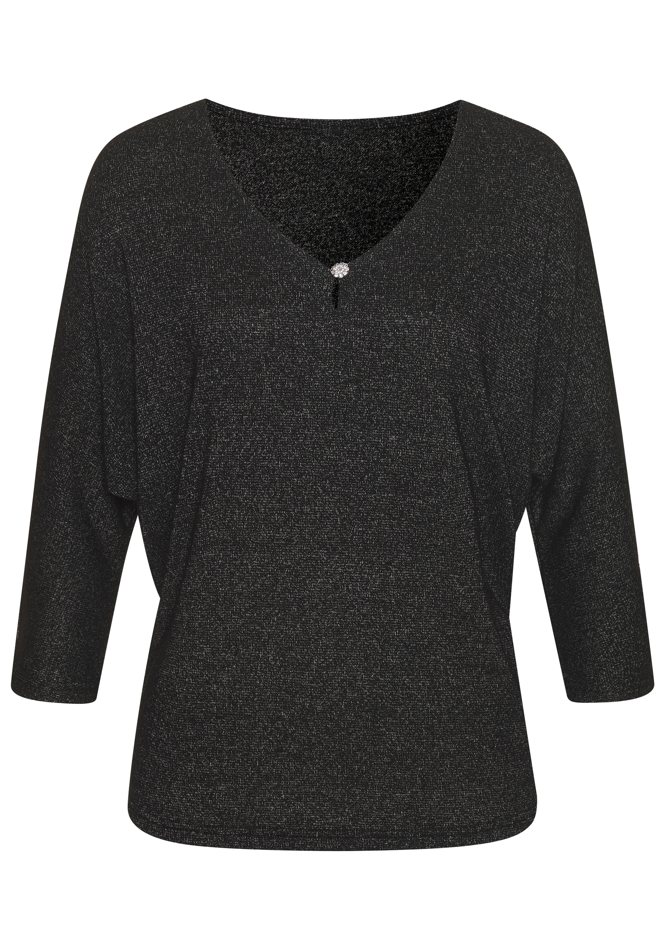 LASCANA 3/4-Arm-Shirt »mit Strassknopf in Blütenform«, aus leichtem Feinstrick in Melange Optik