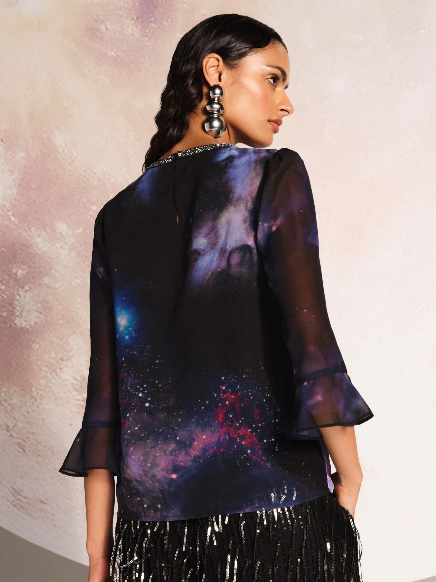 Love & Roses Embellished Flute Sleeve Blouse