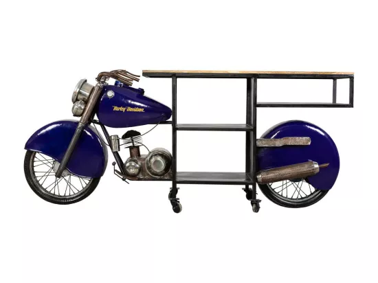Moto casier à bouteilles en bois et métal bleu 235x45x98h