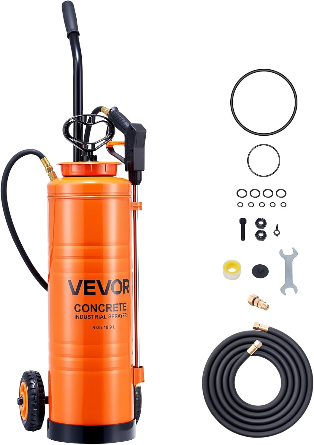 VEVOR Drucksprüher 18,9 L, industrieller Betonsprüher mit Rolle, Edelstahlsprüher, Hochleistungs-Pumpsprüher, inkl. Schläuche, 2 Messingdüsen, ideal für BAU, Rasen und Garten