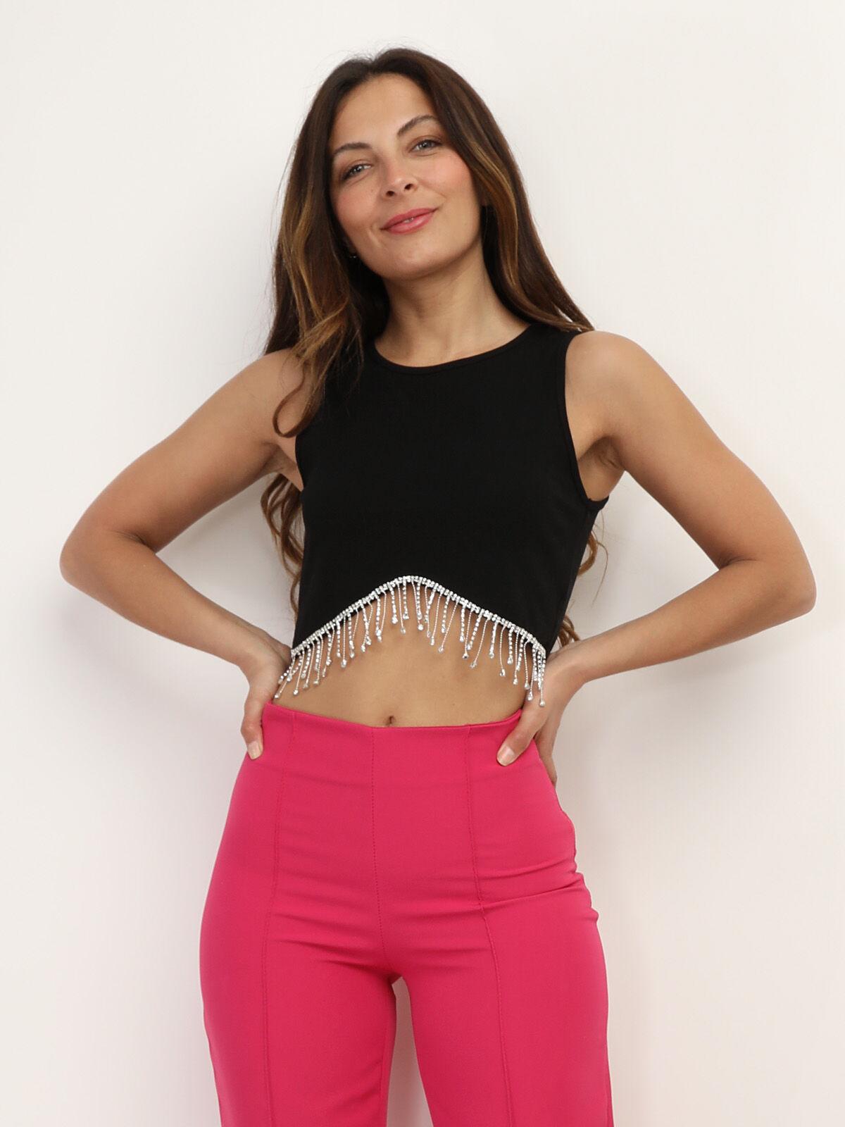 Crop top avec franges à strass- Noir