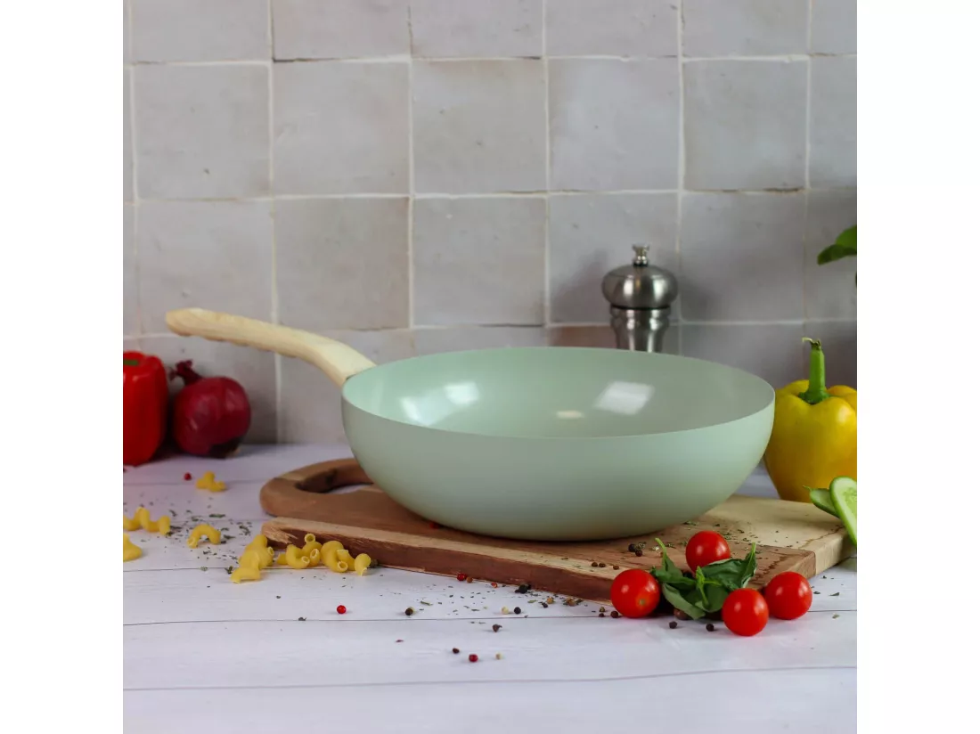 Menastyl - Wok 28cm Colorama Celadon - En Aluminium - Revetement Antiadhesif En Ceramique