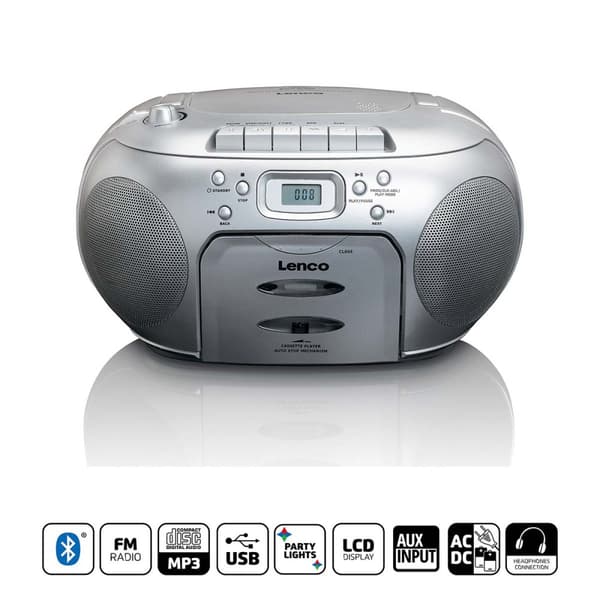 Bærbar FM/CD og kassettspiller, sølv