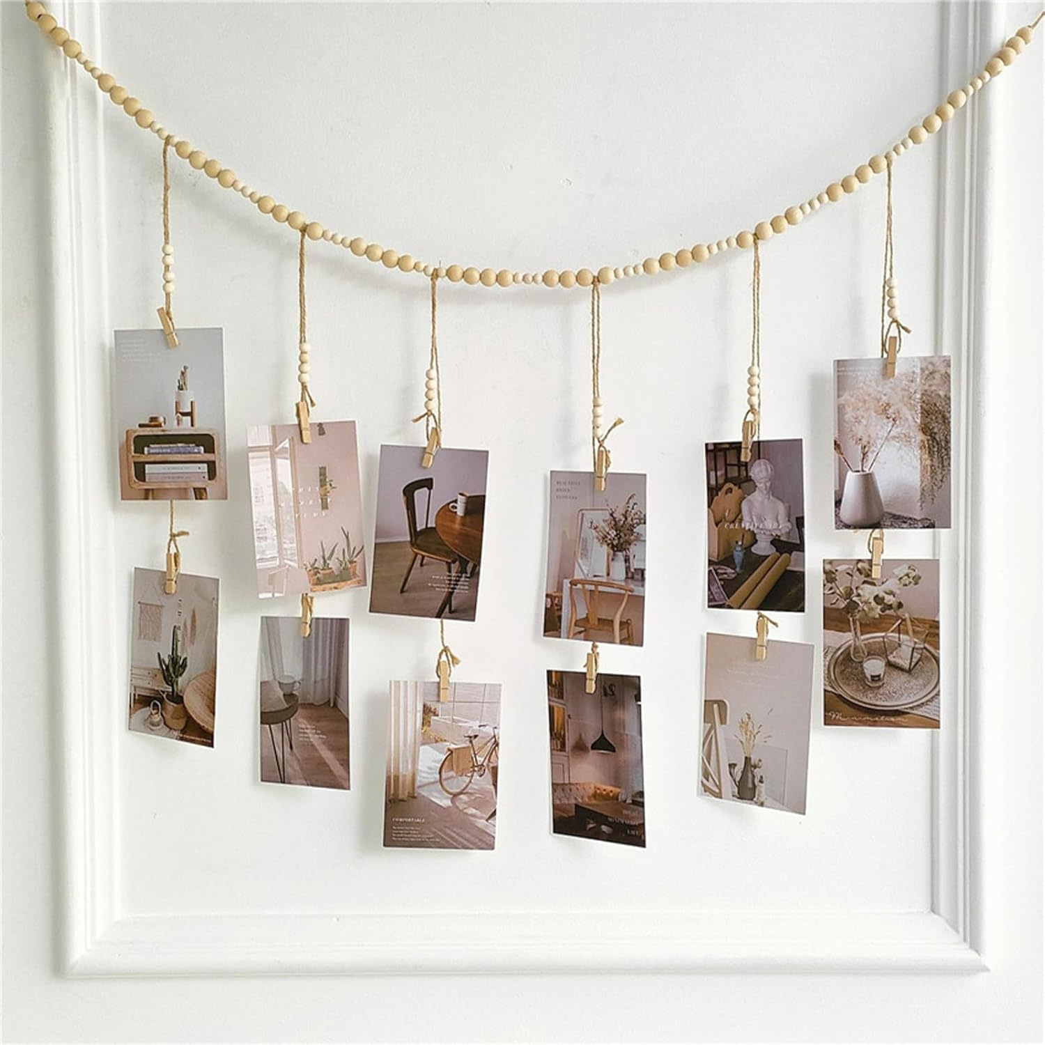 (1.35m) Holzperlen Fotoleine Hygge Lifestyle Deko Fotohalter inkl. Holz Klammern - Braun