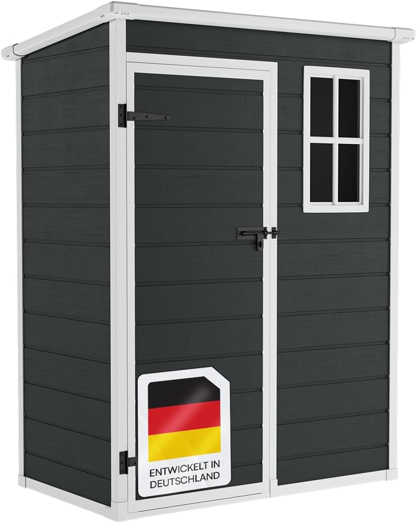 STEELSØN Novara Gerätehaus – Gartenschuppen mit Pultdach & Fenster – Gartenhaus 192x92x151 cm (HxTxB) – Geräteschuppen aus Kunststoff in Anthrazit – Gartenhütte wetterfest & rostfrei – Schuppen