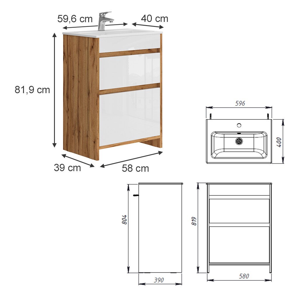 Vicco Waschbecken mit Unterschrank Detmold Eiche Weiß 60 cm