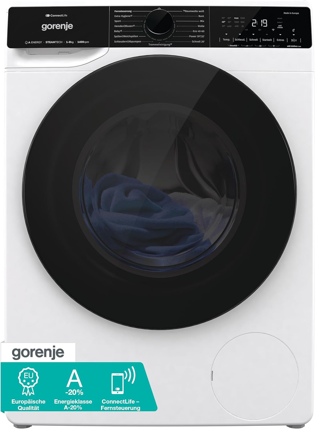 Gorenje WPNA84A2TS Waschmaschine mit Dampffunktion/ConnectLife / 8Kg / 1400 U/min / 15 Programme/Totaler AquaStop/Wave Active Trommel/ExtraHygiene/PowerWash/Schnell Waschgang/EEK: A-20%