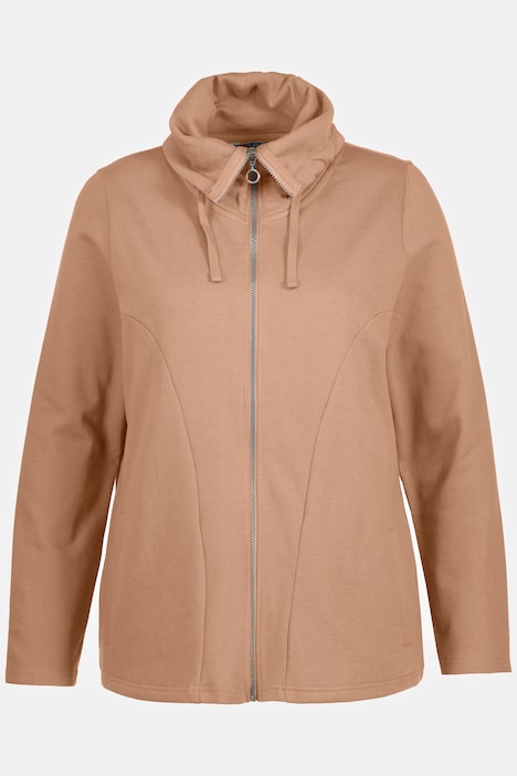 Sweatjacke, drapierter Stehkragen, Kunstleder-Details