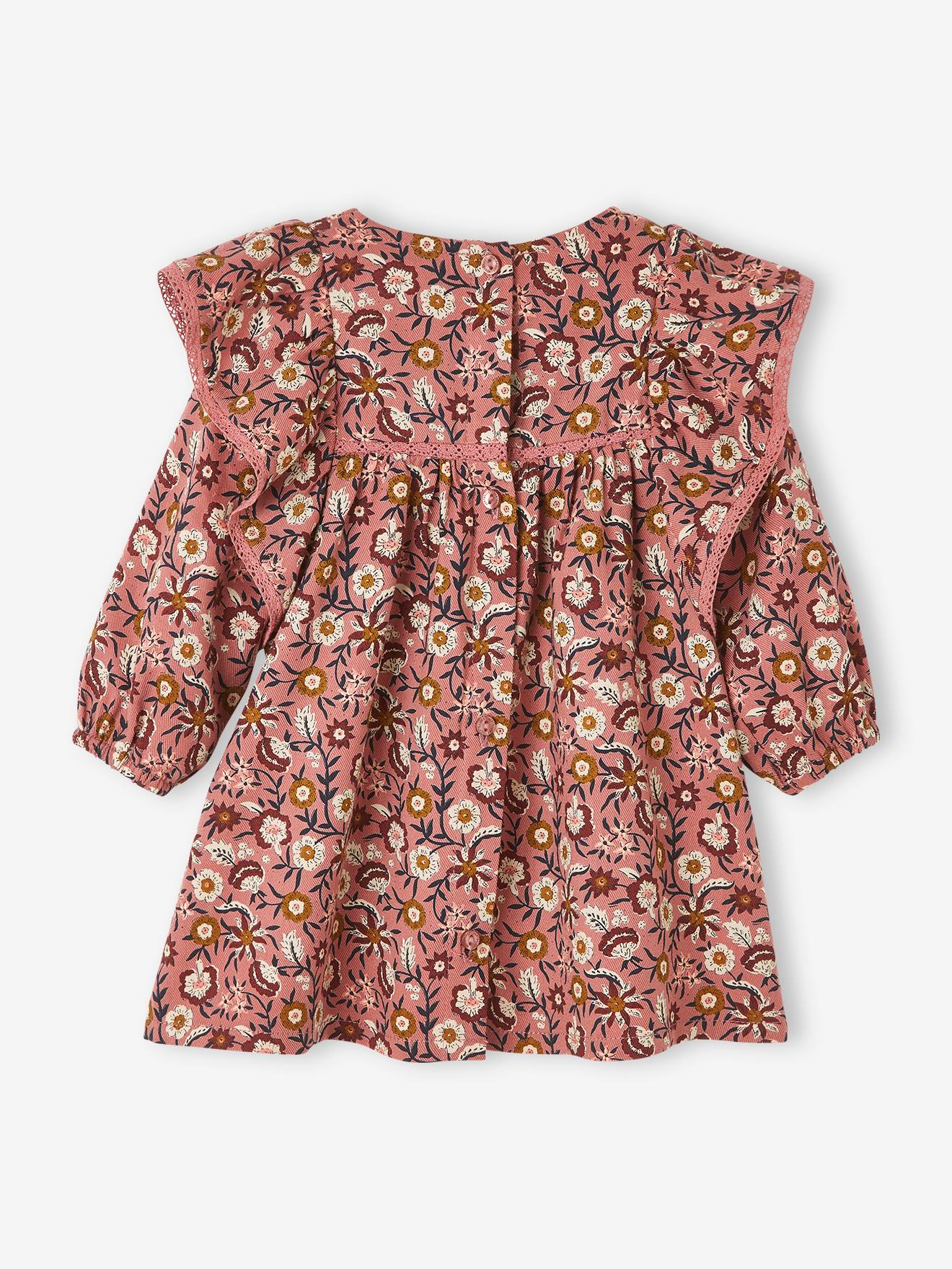 Vestido floral com detalhes franzidos, estampa marrom bebê médio