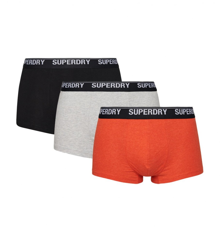 Cuecas Superdry de algodão orgânico, pacote com 3 unidades, nas cores cinza, laranja e preta.