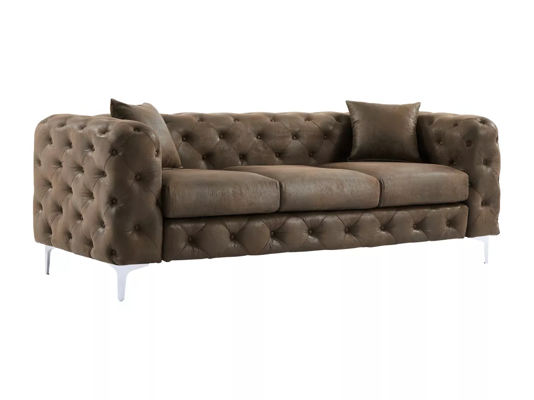 Canapé 3 places, fauteuil et pouf chesterfield en microfibre aspect cuir vieilli EDWINA
