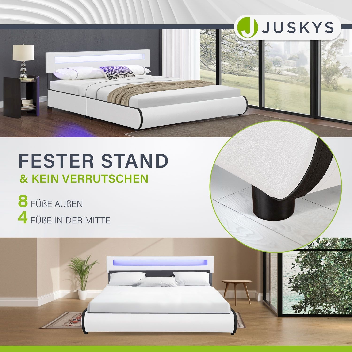 Juskys Polsterbett Sevilla 180 x 200 cm weiß Doppelbett Ehebett mit Kaltschaummatratze