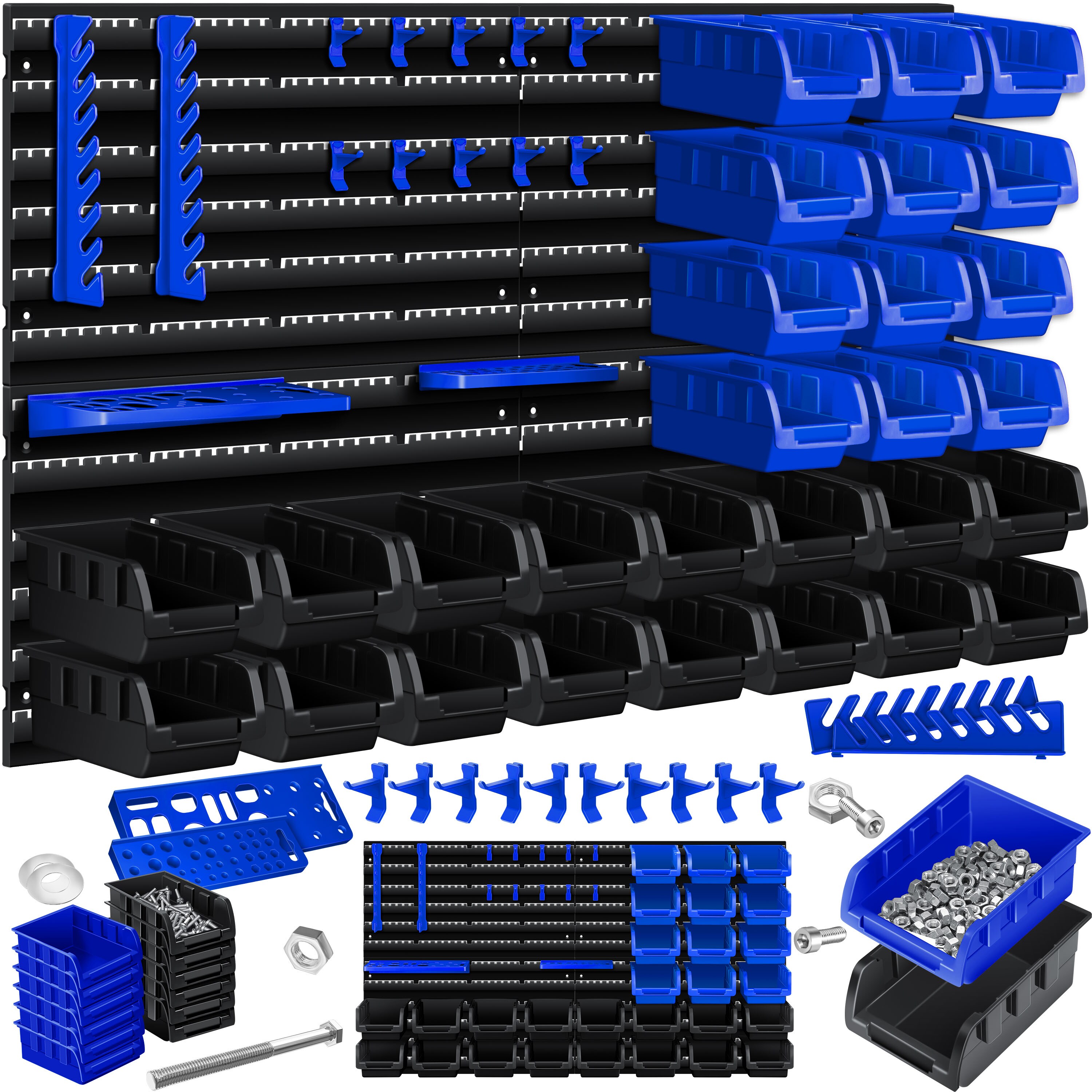 MASKO® Wandregal + Stapelboxen + Werkzeughalter | 45 tlg Box | Erweiterbar | Werkstattregal Lagerregal Steckregal Set Box | Sichtlagerkästen | Kleinteilemagazin | Sortimentskasten | Werkstatt |