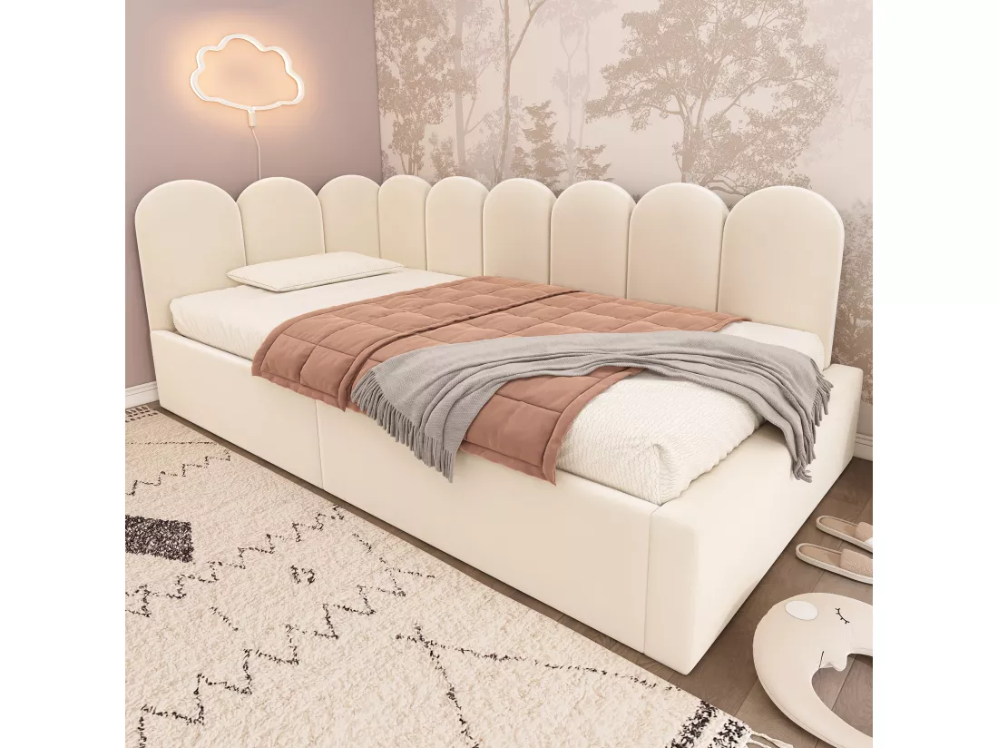 Lit banquette avec rangement - tissu en velours - 90x200 cm - avec sommier à lattes - Beige