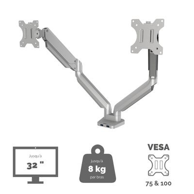 Fellowes Platinum series - Bras porte écran double réglable - fixation sur bureau - gris