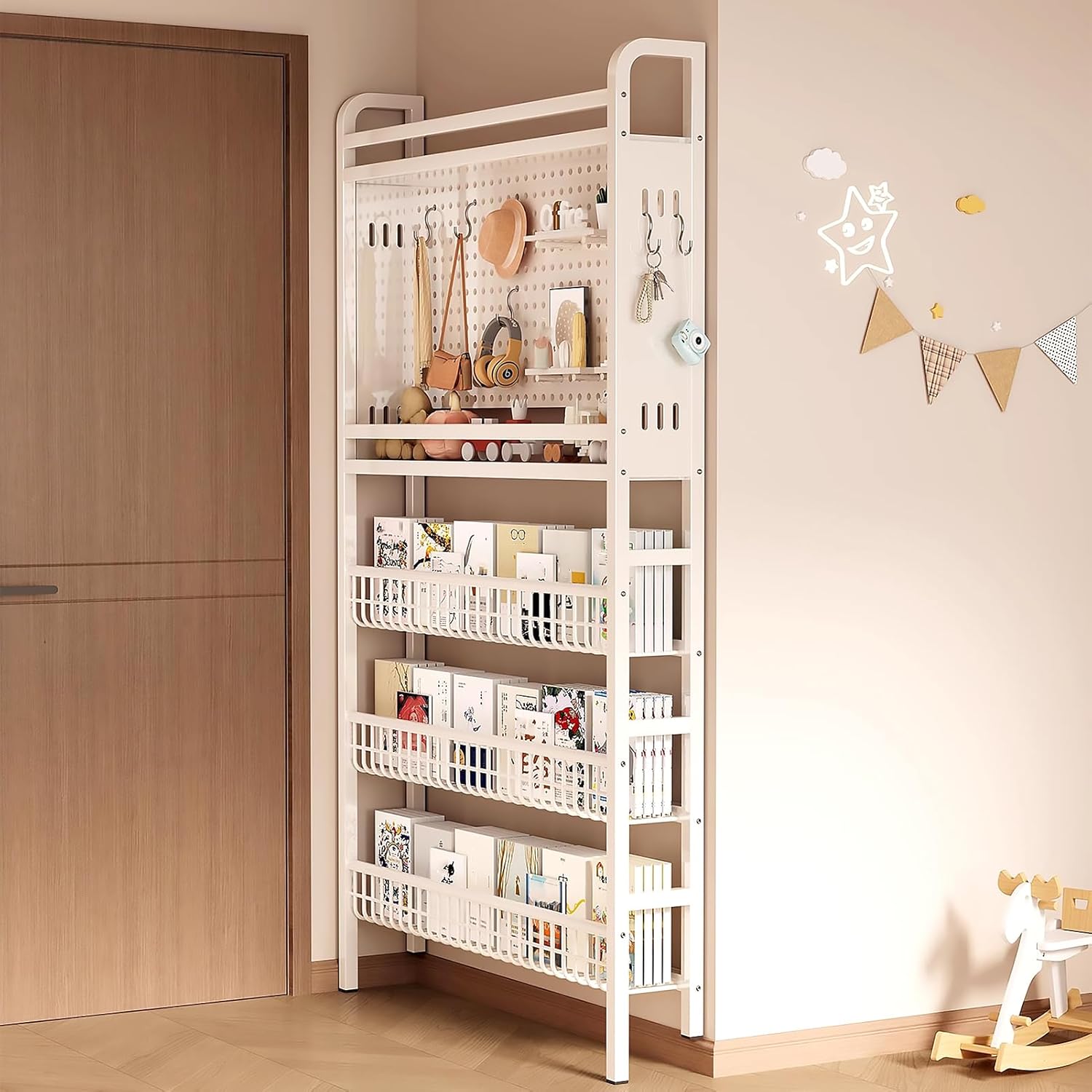 Bücherregal hinter der Tür, platzsparendes Kinderbücherregal mit 5 Etagen, hohes schmales Bücherregal hinter der Tür, offenes Wandregal mit Haken für Schlafzimmer Kinderzimm (Weiß, 82×12×188CM)