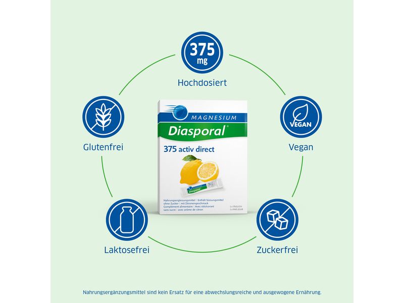 Magnesium Diasporal 375 Activ Direct Zitrone 60 Sticks Veganes Direktgranulat mit Magnesiumcitrat